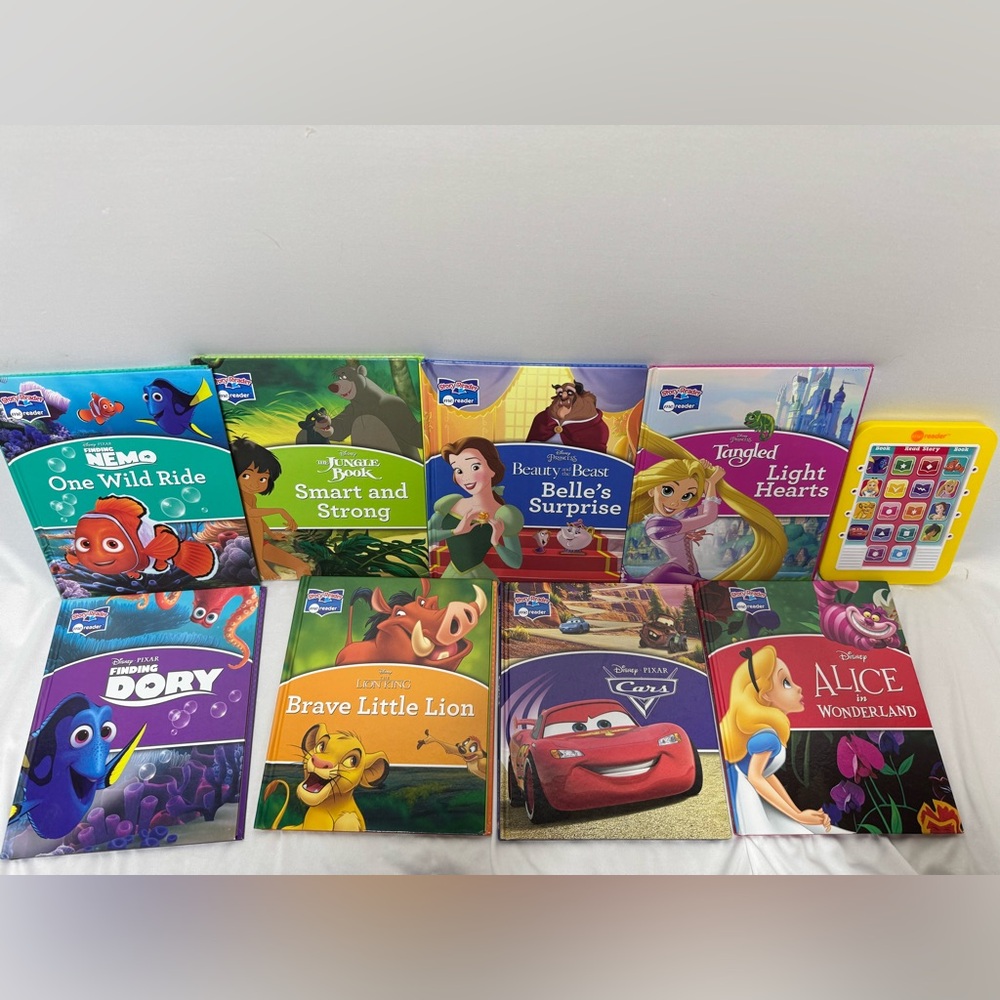 Disney "Me Reader" and 8-book library set featuring various stories